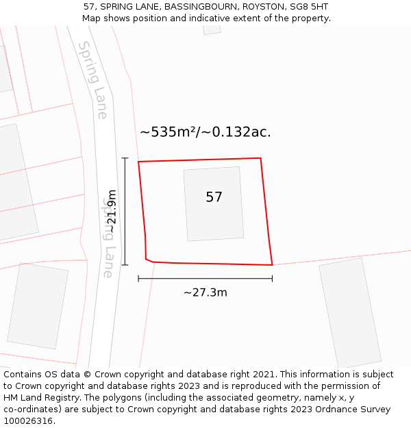 57, SPRING LANE, BASSINGBOURN, ROYSTON, SG8 5HT: Plot and title map