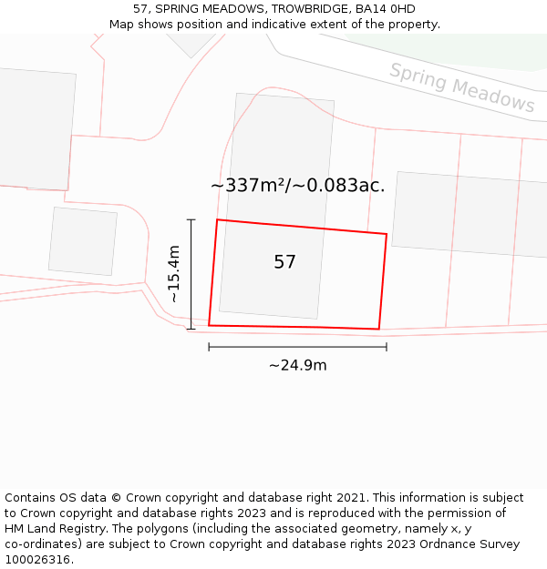 57, SPRING MEADOWS, TROWBRIDGE, BA14 0HD: Plot and title map