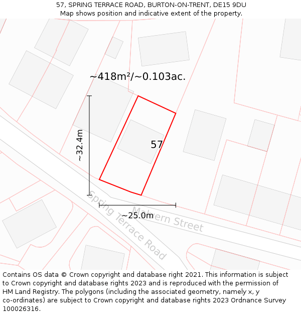 57, SPRING TERRACE ROAD, BURTON-ON-TRENT, DE15 9DU: Plot and title map