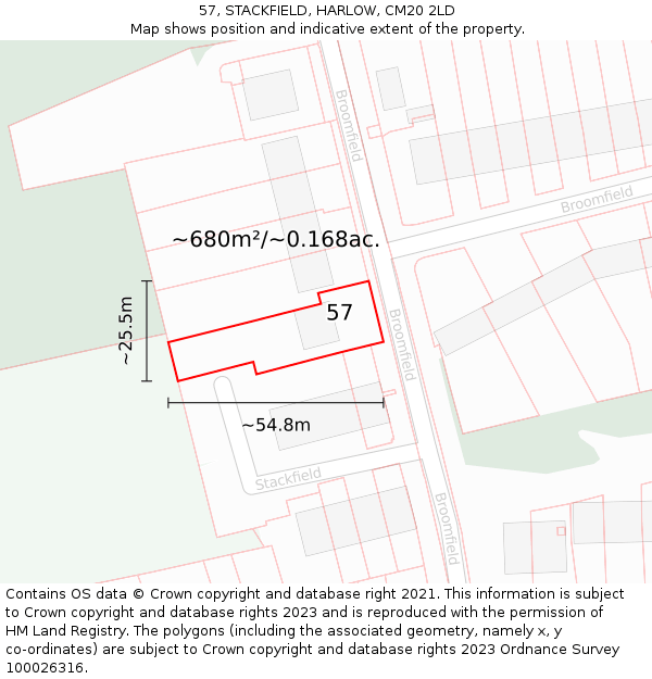 57, STACKFIELD, HARLOW, CM20 2LD: Plot and title map