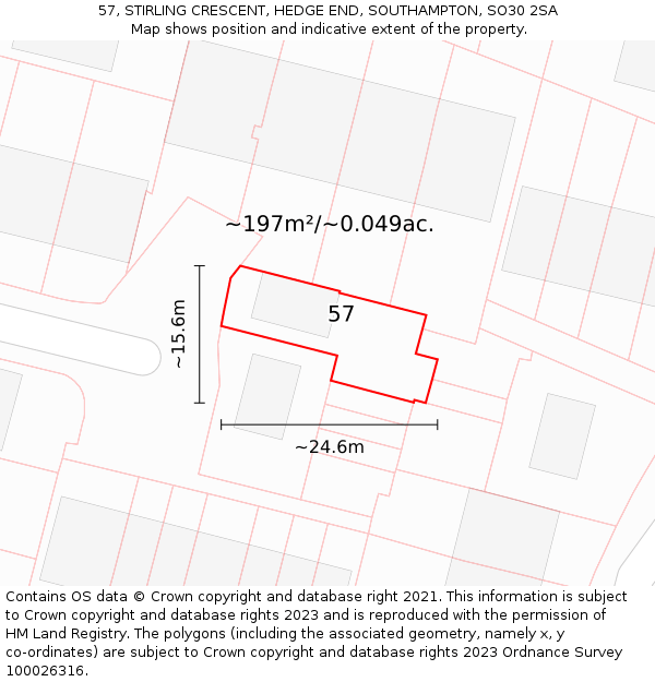 57, STIRLING CRESCENT, HEDGE END, SOUTHAMPTON, SO30 2SA: Plot and title map