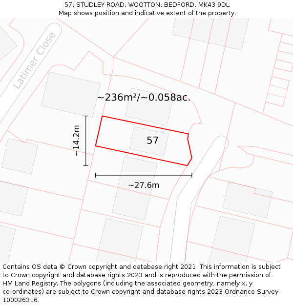 57, STUDLEY ROAD, WOOTTON, BEDFORD, MK43 9DL: Plot and title map