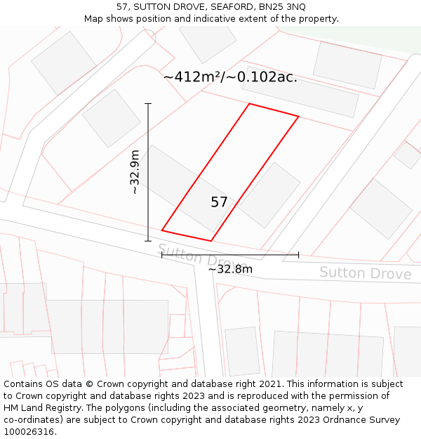 57, SUTTON DROVE, SEAFORD, BN25 3NQ: Plot and title map