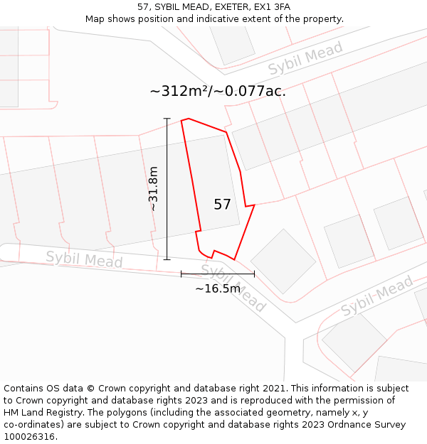 57, SYBIL MEAD, EXETER, EX1 3FA: Plot and title map