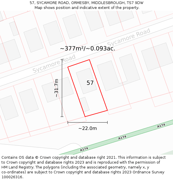 57, SYCAMORE ROAD, ORMESBY, MIDDLESBROUGH, TS7 9DW: Plot and title map