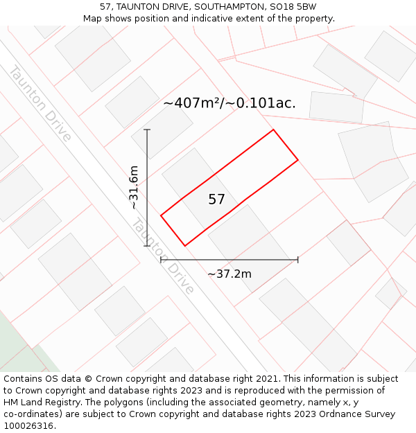 57, TAUNTON DRIVE, SOUTHAMPTON, SO18 5BW: Plot and title map