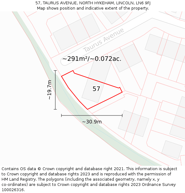 57, TAURUS AVENUE, NORTH HYKEHAM, LINCOLN, LN6 9FJ: Plot and title map