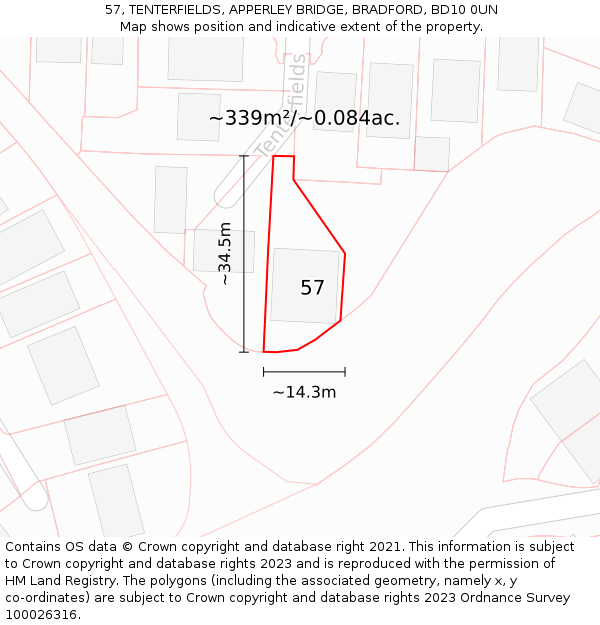 57, TENTERFIELDS, APPERLEY BRIDGE, BRADFORD, BD10 0UN: Plot and title map
