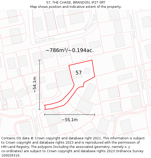 57, THE CHASE, BRANDON, IP27 0RT: Plot and title map