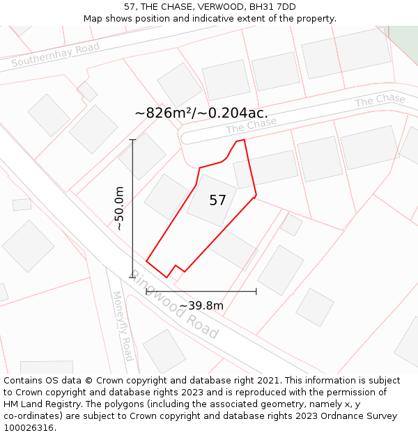 57, THE CHASE, VERWOOD, BH31 7DD: Plot and title map
