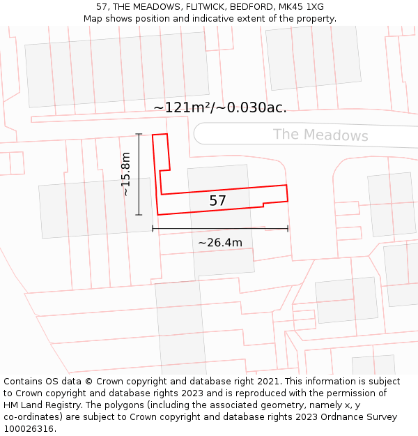57, THE MEADOWS, FLITWICK, BEDFORD, MK45 1XG: Plot and title map