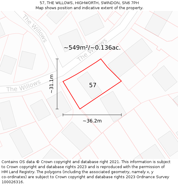 57, THE WILLOWS, HIGHWORTH, SWINDON, SN6 7PH: Plot and title map
