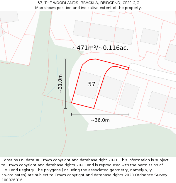 57, THE WOODLANDS, BRACKLA, BRIDGEND, CF31 2JG: Plot and title map