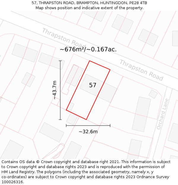57, THRAPSTON ROAD, BRAMPTON, HUNTINGDON, PE28 4TB: Plot and title map