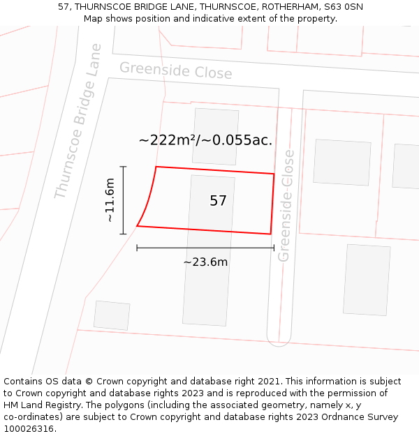 57, THURNSCOE BRIDGE LANE, THURNSCOE, ROTHERHAM, S63 0SN: Plot and title map