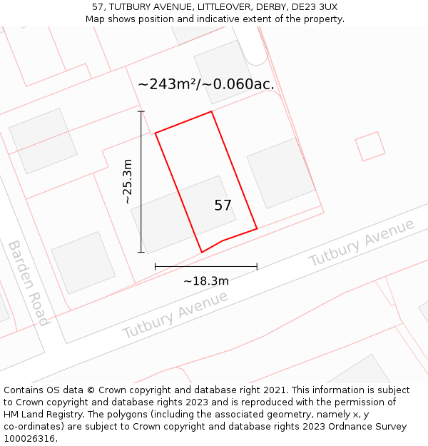 57, TUTBURY AVENUE, LITTLEOVER, DERBY, DE23 3UX: Plot and title map