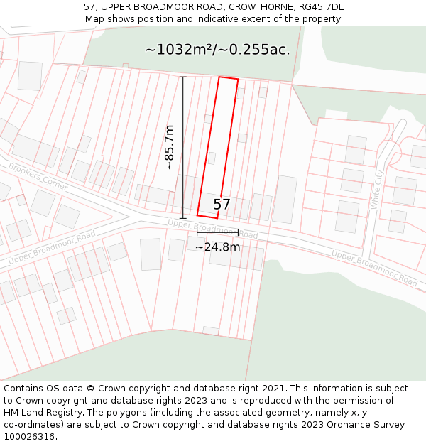57, UPPER BROADMOOR ROAD, CROWTHORNE, RG45 7DL: Plot and title map