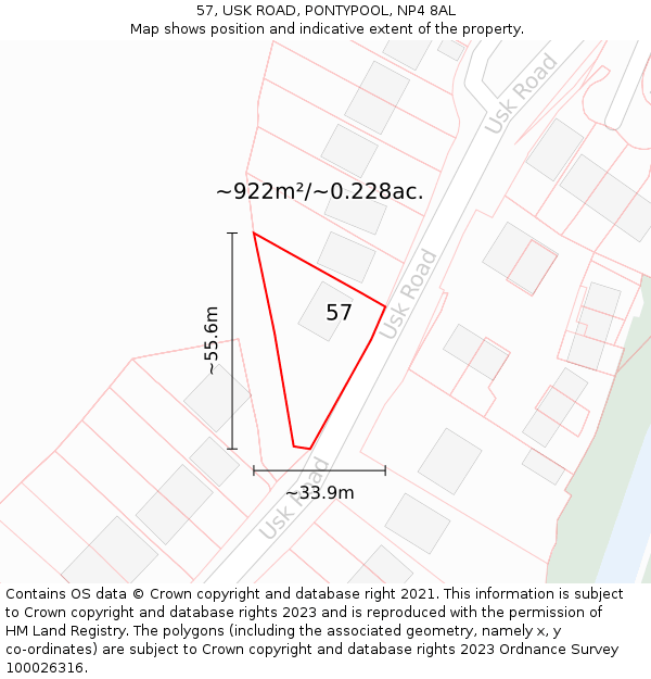 57, USK ROAD, PONTYPOOL, NP4 8AL: Plot and title map