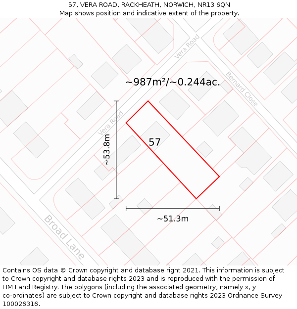 57, VERA ROAD, RACKHEATH, NORWICH, NR13 6QN: Plot and title map