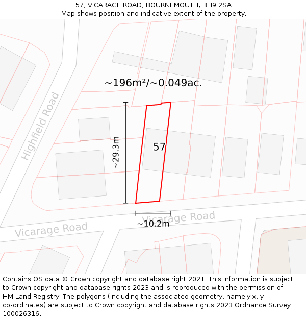 57, VICARAGE ROAD, BOURNEMOUTH, BH9 2SA: Plot and title map