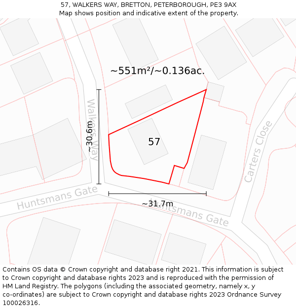 57, WALKERS WAY, BRETTON, PETERBOROUGH, PE3 9AX: Plot and title map