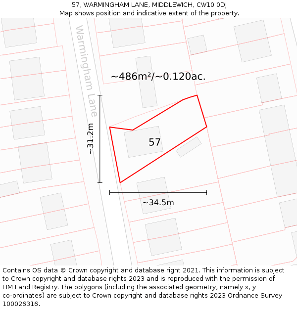 57, WARMINGHAM LANE, MIDDLEWICH, CW10 0DJ: Plot and title map
