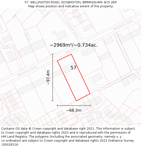 57, WELLINGTON ROAD, EDGBASTON, BIRMINGHAM, B15 2ER: Plot and title map