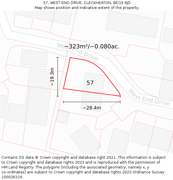 57, WEST END DRIVE, CLECKHEATON, BD19 6JD: Plot and title map