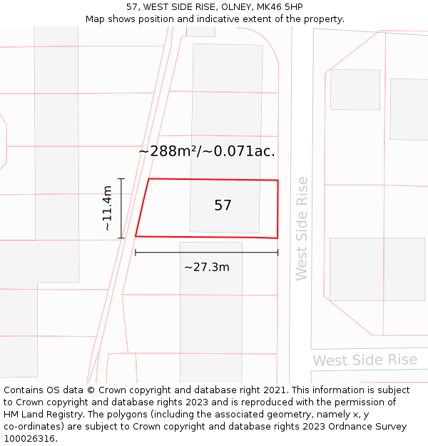 57, WEST SIDE RISE, OLNEY, MK46 5HP: Plot and title map