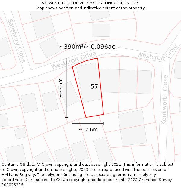 57, WESTCROFT DRIVE, SAXILBY, LINCOLN, LN1 2PT: Plot and title map