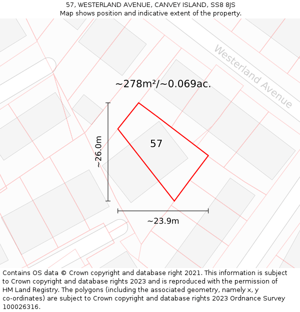 57, WESTERLAND AVENUE, CANVEY ISLAND, SS8 8JS: Plot and title map