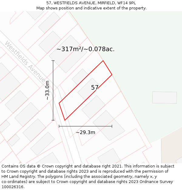 57, WESTFIELDS AVENUE, MIRFIELD, WF14 9PL: Plot and title map