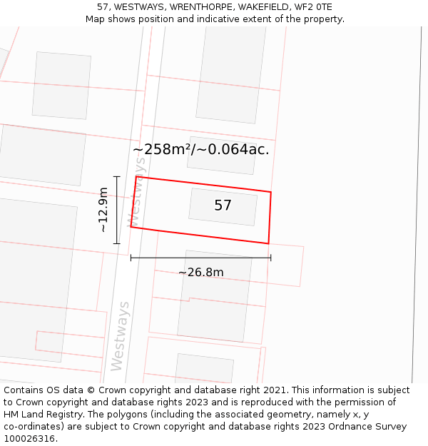 57, WESTWAYS, WRENTHORPE, WAKEFIELD, WF2 0TE: Plot and title map