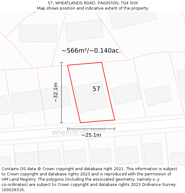 57, WHEATLANDS ROAD, PAIGNTON, TQ4 5HX: Plot and title map