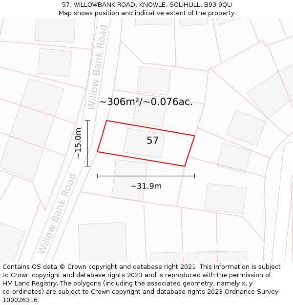 57, WILLOWBANK ROAD, KNOWLE, SOLIHULL, B93 9QU: Plot and title map