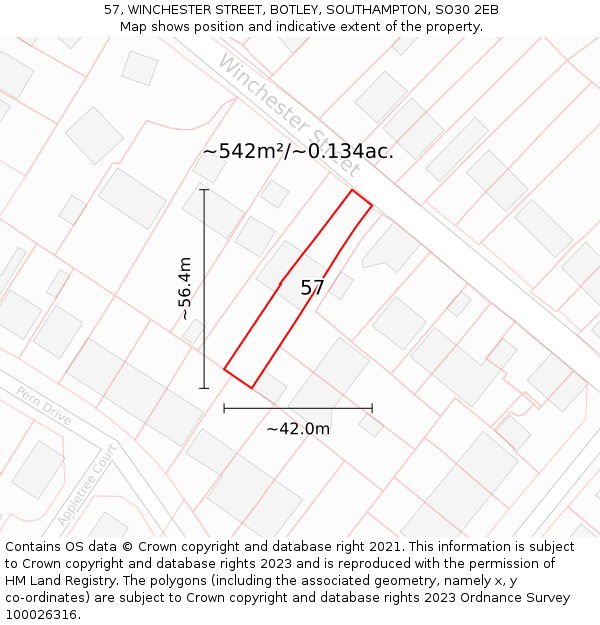 57, WINCHESTER STREET, BOTLEY, SOUTHAMPTON, SO30 2EB: Plot and title map