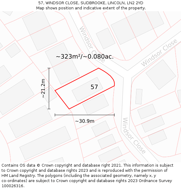 57, WINDSOR CLOSE, SUDBROOKE, LINCOLN, LN2 2YD: Plot and title map
