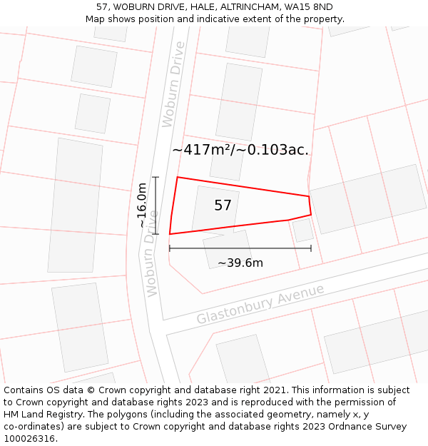 57, WOBURN DRIVE, HALE, ALTRINCHAM, WA15 8ND: Plot and title map