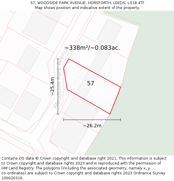 57, WOODSIDE PARK AVENUE, HORSFORTH, LEEDS, LS18 4TF: Plot and title map