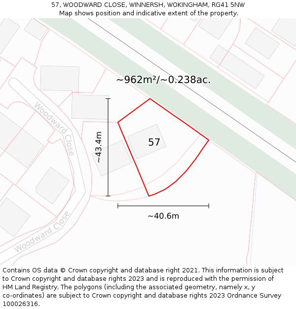 57, WOODWARD CLOSE, WINNERSH, WOKINGHAM, RG41 5NW: Plot and title map
