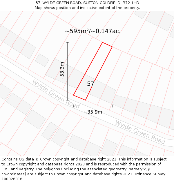 57, WYLDE GREEN ROAD, SUTTON COLDFIELD, B72 1HD: Plot and title map