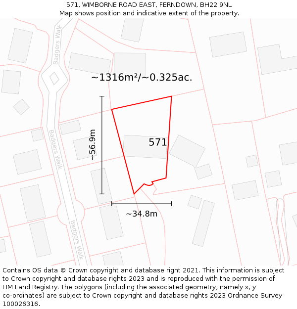 571, WIMBORNE ROAD EAST, FERNDOWN, BH22 9NL: Plot and title map