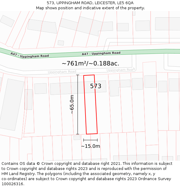 573, UPPINGHAM ROAD, LEICESTER, LE5 6QA: Plot and title map