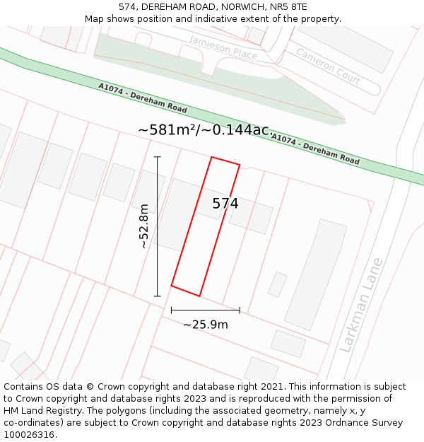 574, DEREHAM ROAD, NORWICH, NR5 8TE: Plot and title map