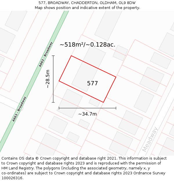 577, BROADWAY, CHADDERTON, OLDHAM, OL9 8DW: Plot and title map