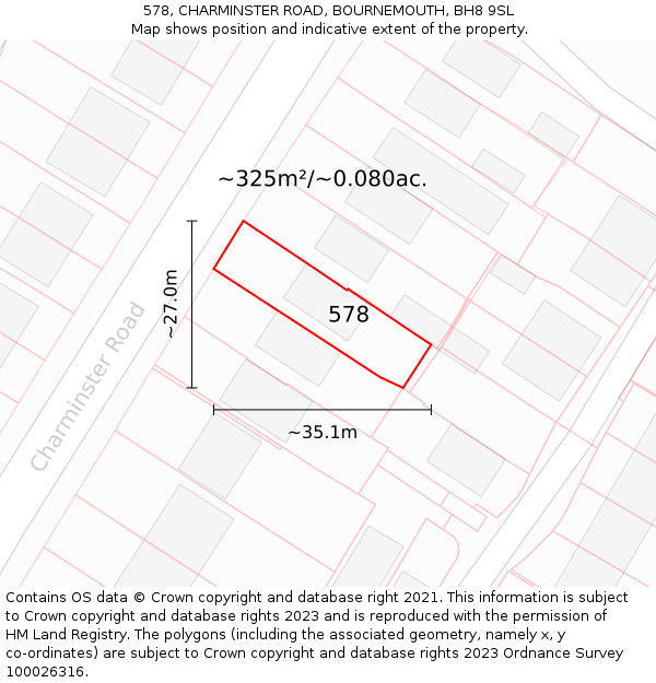 578, CHARMINSTER ROAD, BOURNEMOUTH, BH8 9SL: Plot and title map