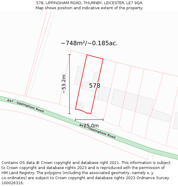 578, UPPINGHAM ROAD, THURNBY, LEICESTER, LE7 9QA: Plot and title map
