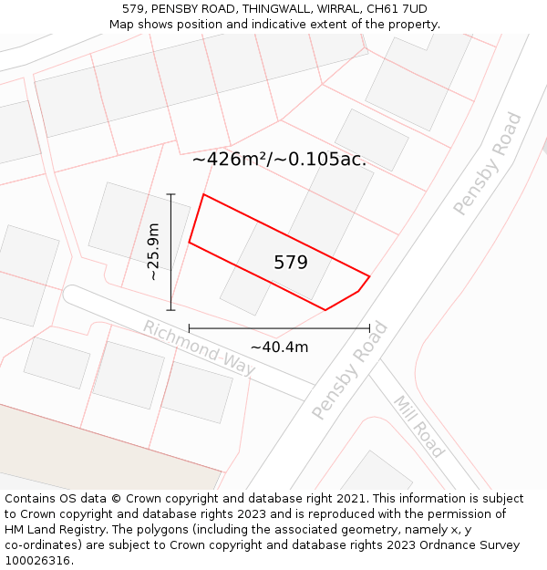 579, PENSBY ROAD, THINGWALL, WIRRAL, CH61 7UD: Plot and title map