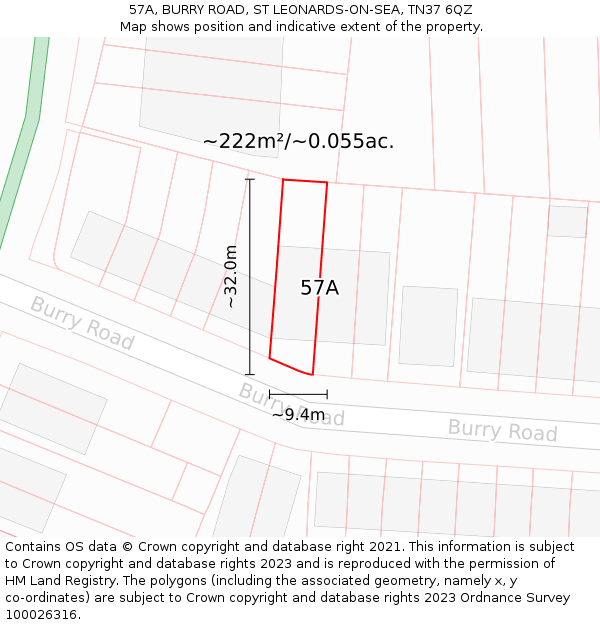 57A, BURRY ROAD, ST LEONARDS-ON-SEA, TN37 6QZ: Plot and title map