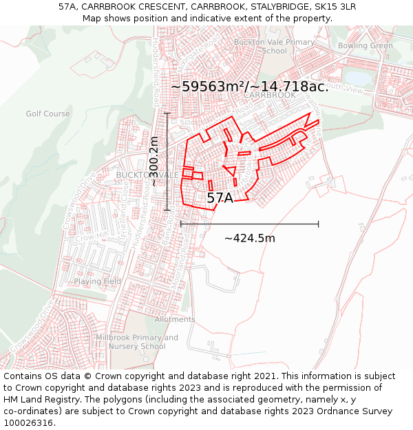 57A, CARRBROOK CRESCENT, CARRBROOK, STALYBRIDGE, SK15 3LR: Plot and title map